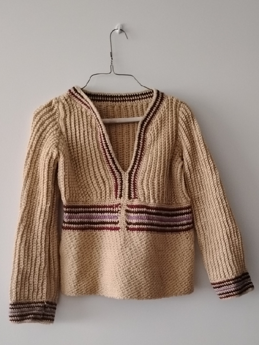 Cream V-Neck Pullover Sweater with Striped Waist and Cuff Detail